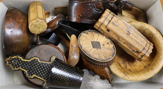 A collection of assorted early 19th century and later treen snuff boxes, four papier mache snuff boxes, a wall